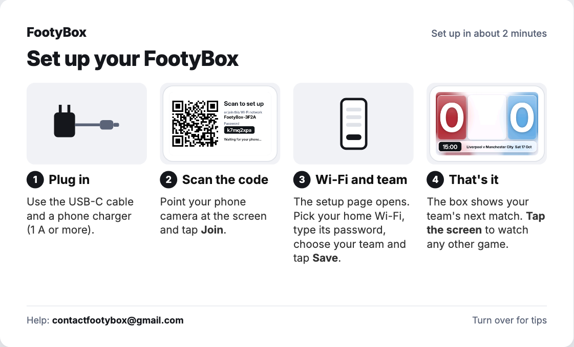 The printed setup card: four steps, plug in, scan the code, Wi-Fi and team, that's it